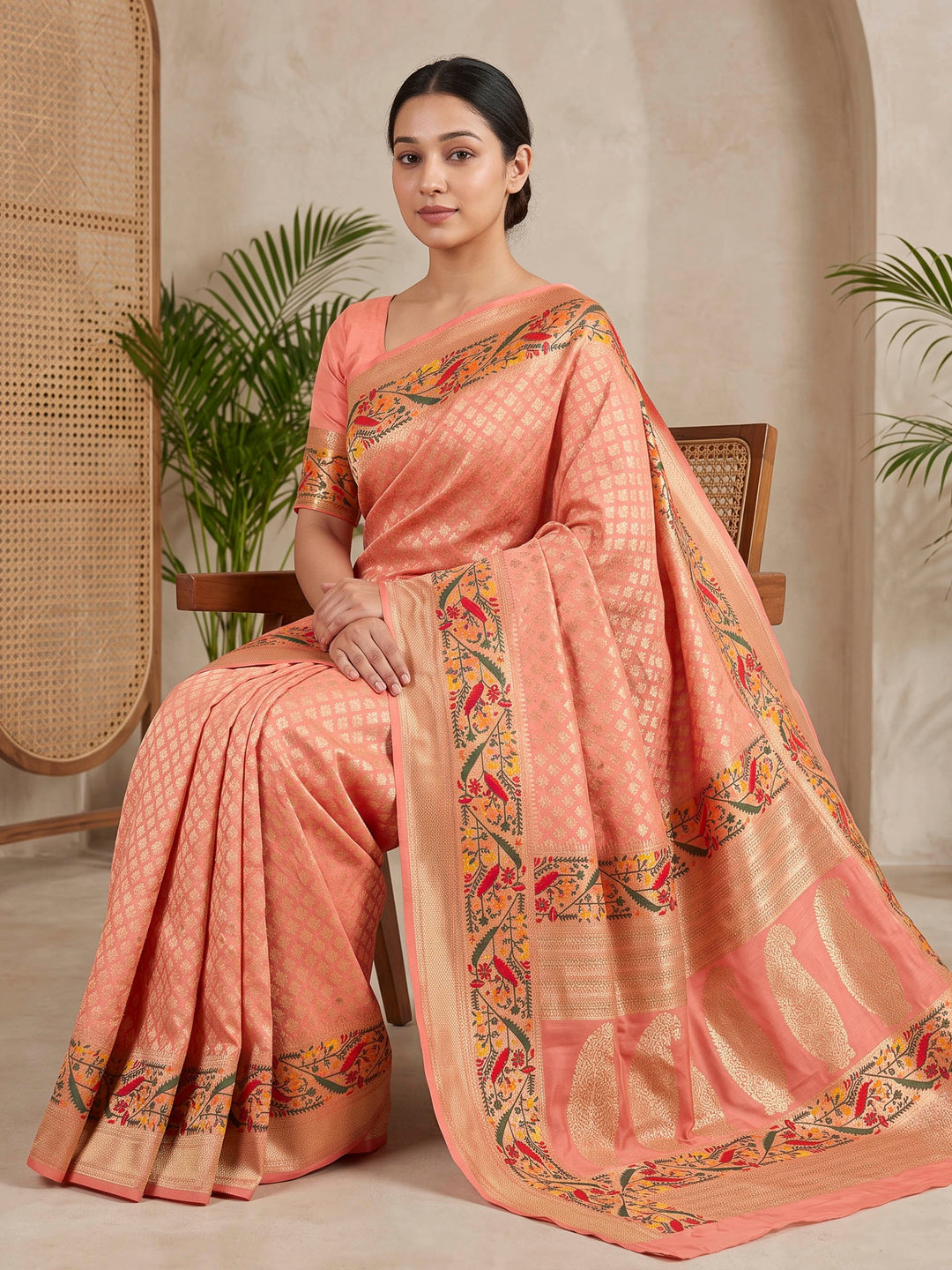 Peach Art Silk Woven Saree
