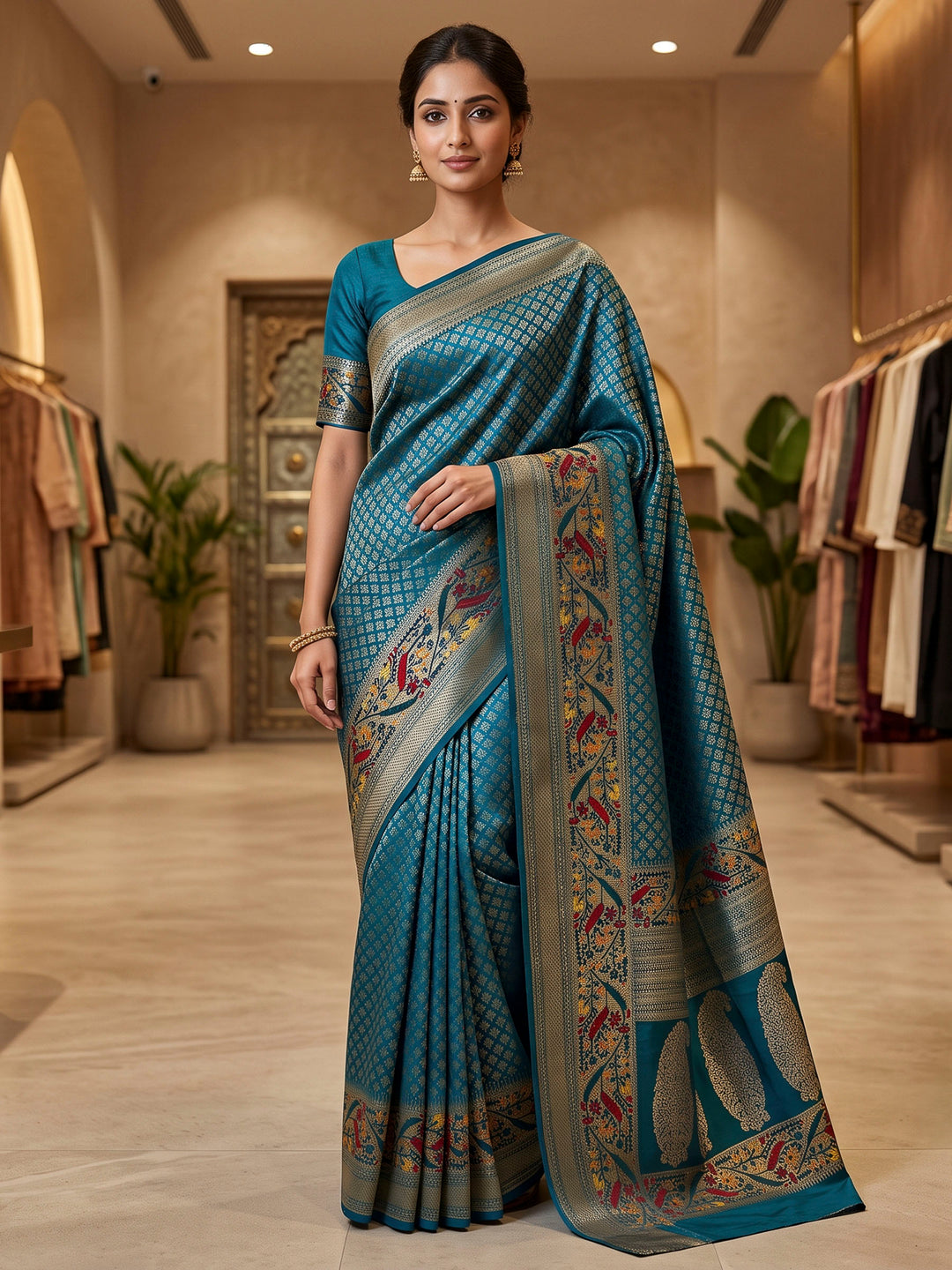 Peacock Blue Art Silk Woven Saree