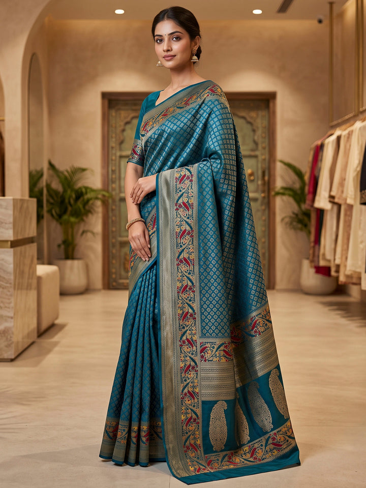 Peacock Blue Art Silk Woven Saree
