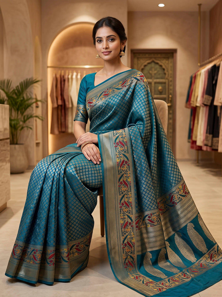 Peacock Blue Art Silk Woven Saree