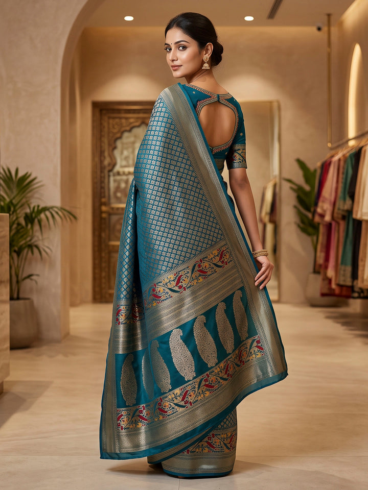 Peacock Blue Art Silk Woven Saree