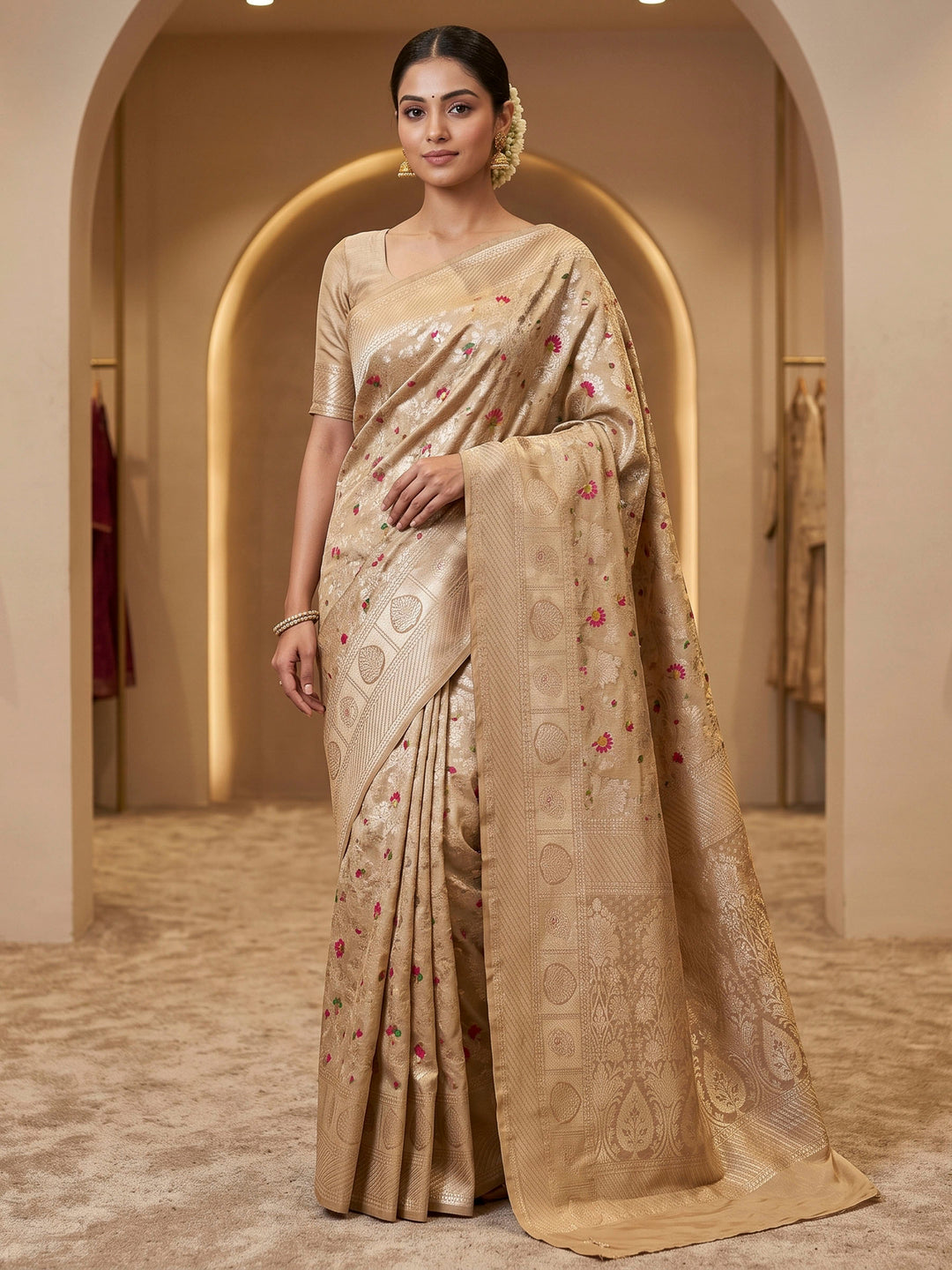 Beige Art Silk Woven Saree