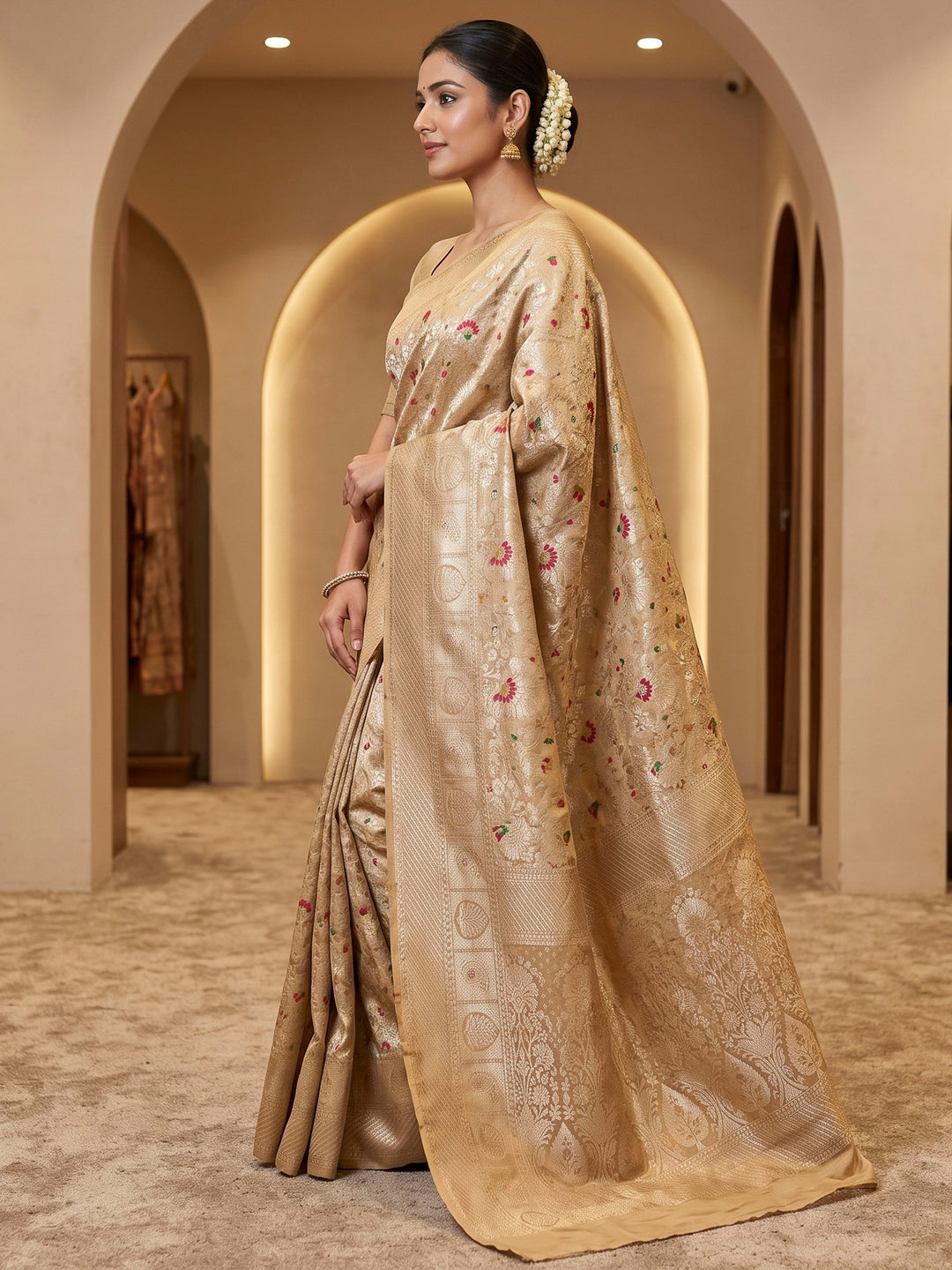Beige Art Silk Woven Saree