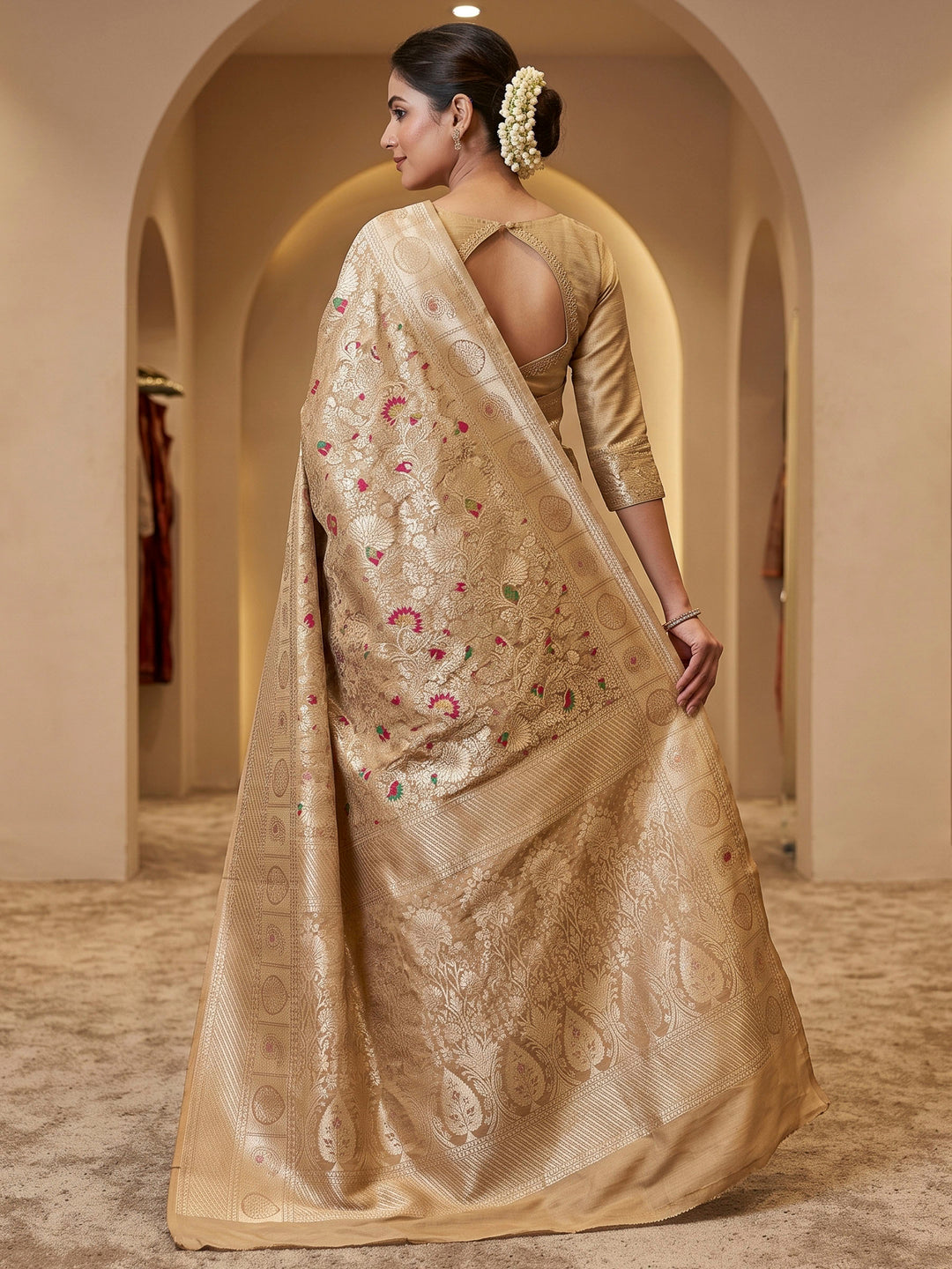 Beige Art Silk Woven Saree