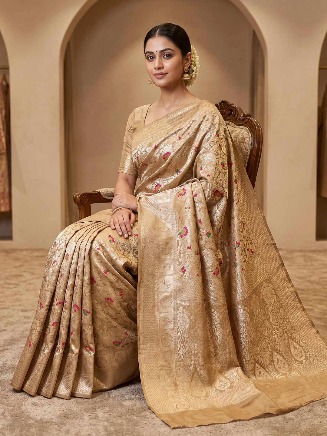 Beige Art Silk Woven Saree