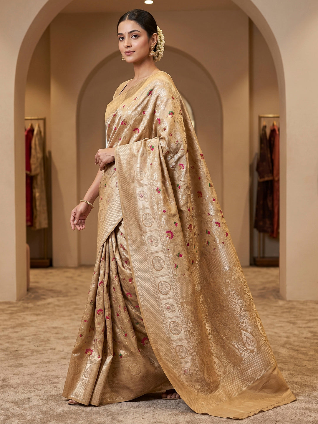 Beige Art Silk Woven Saree