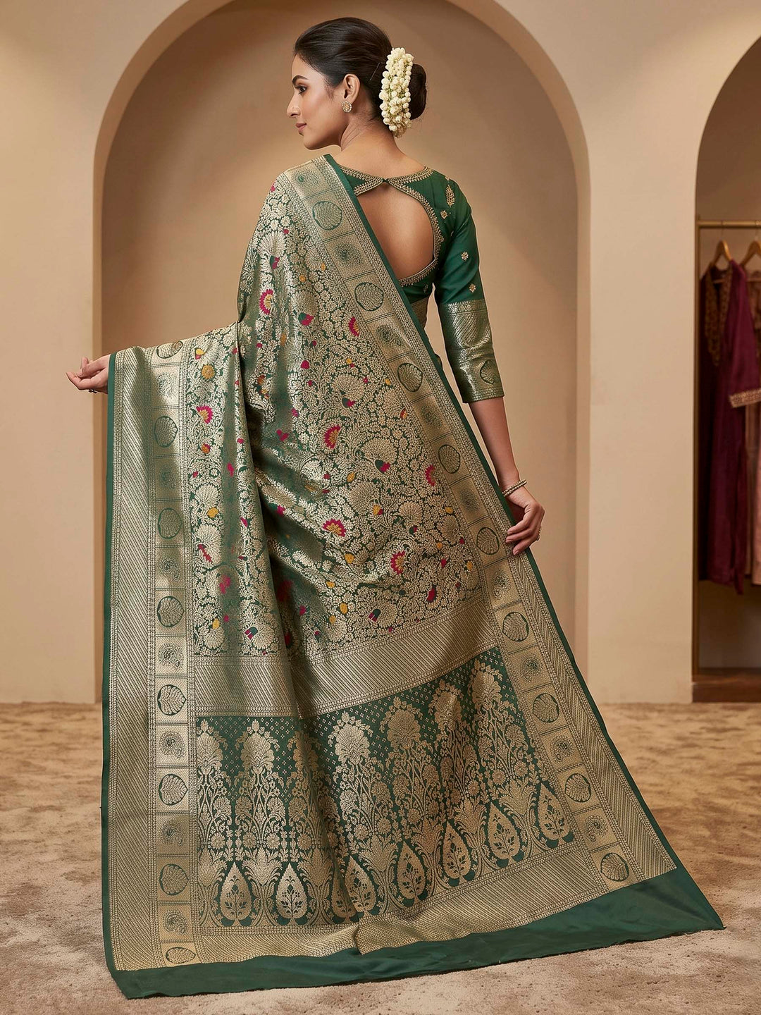 Bottle Green Art Silk Woven Saree