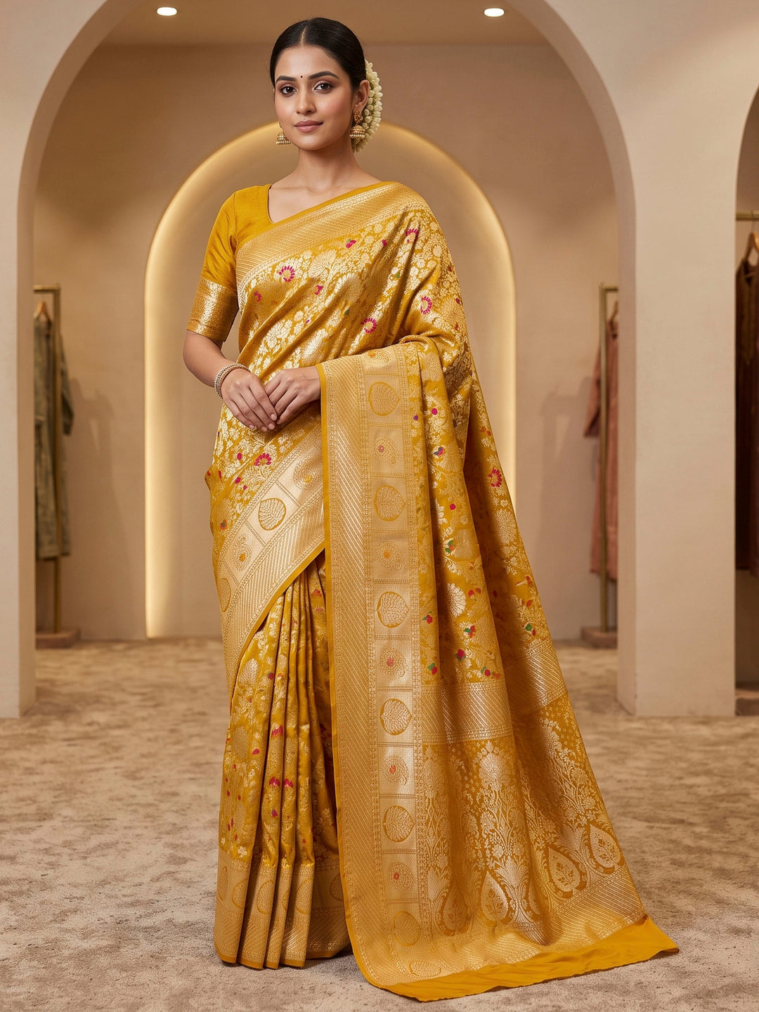 Mustard Art Silk Woven Saree