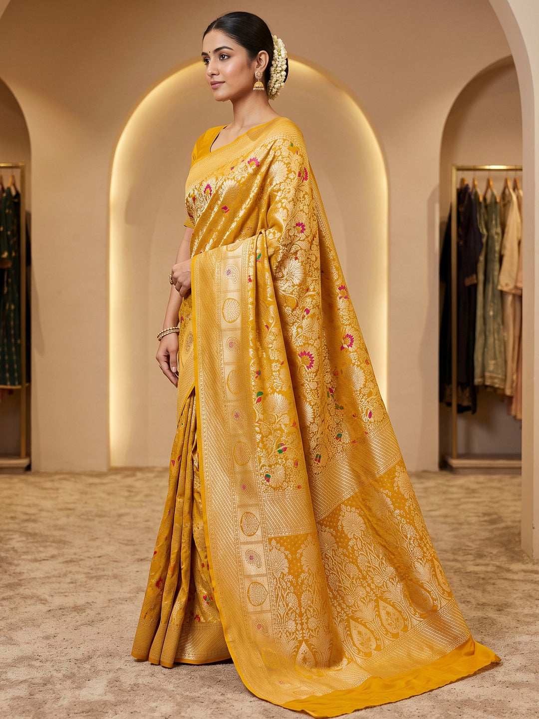 Mustard Art Silk Woven Saree