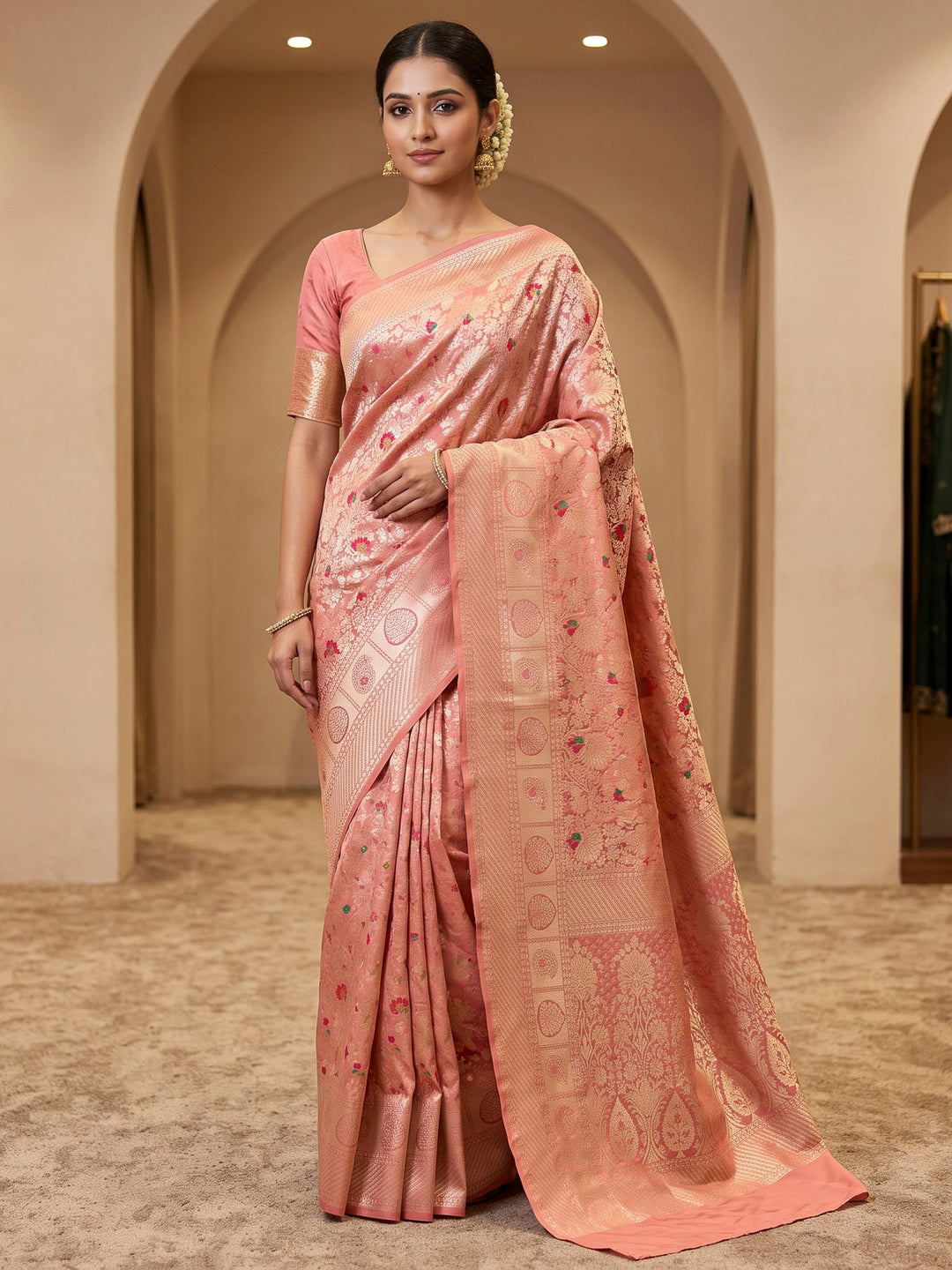 Peach Art Silk Woven Saree