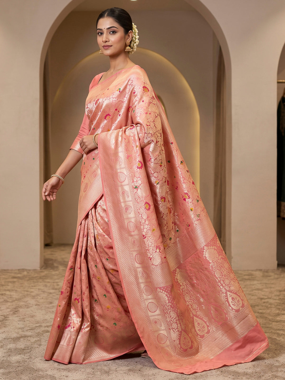 Peach Art Silk Woven Saree