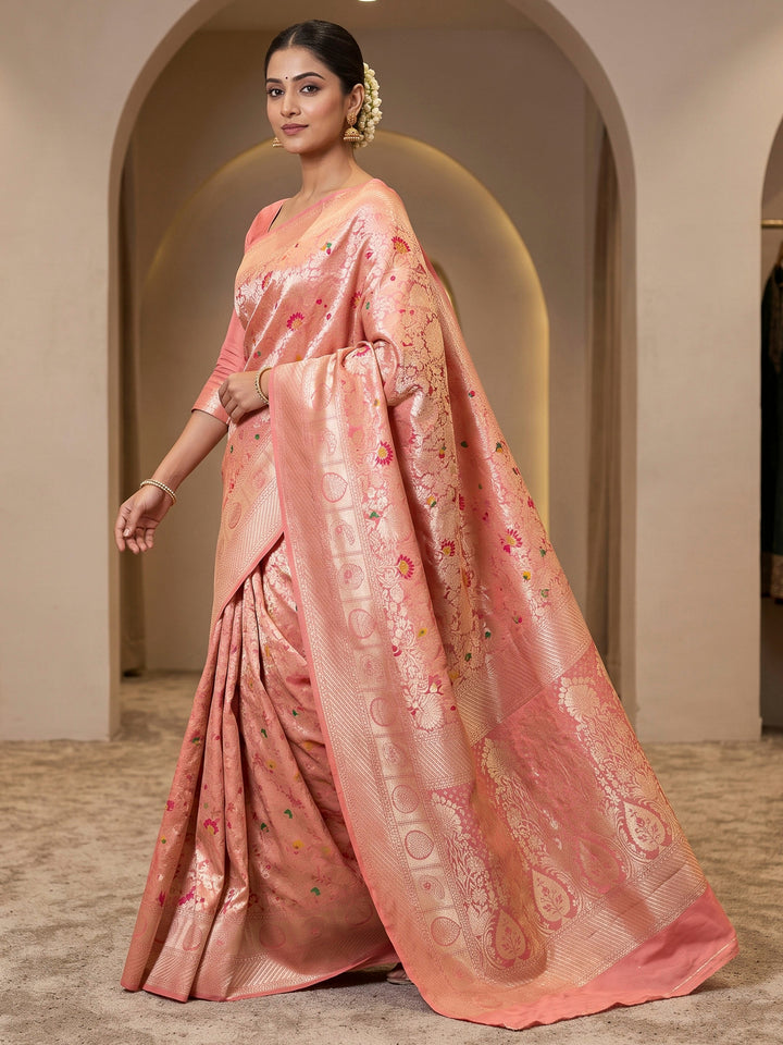Peach Art Silk Woven Saree