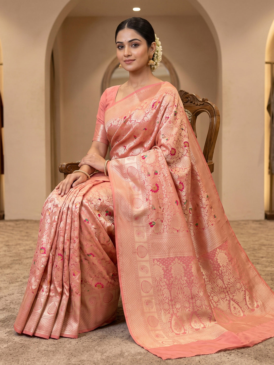 Peach Art Silk Woven Saree