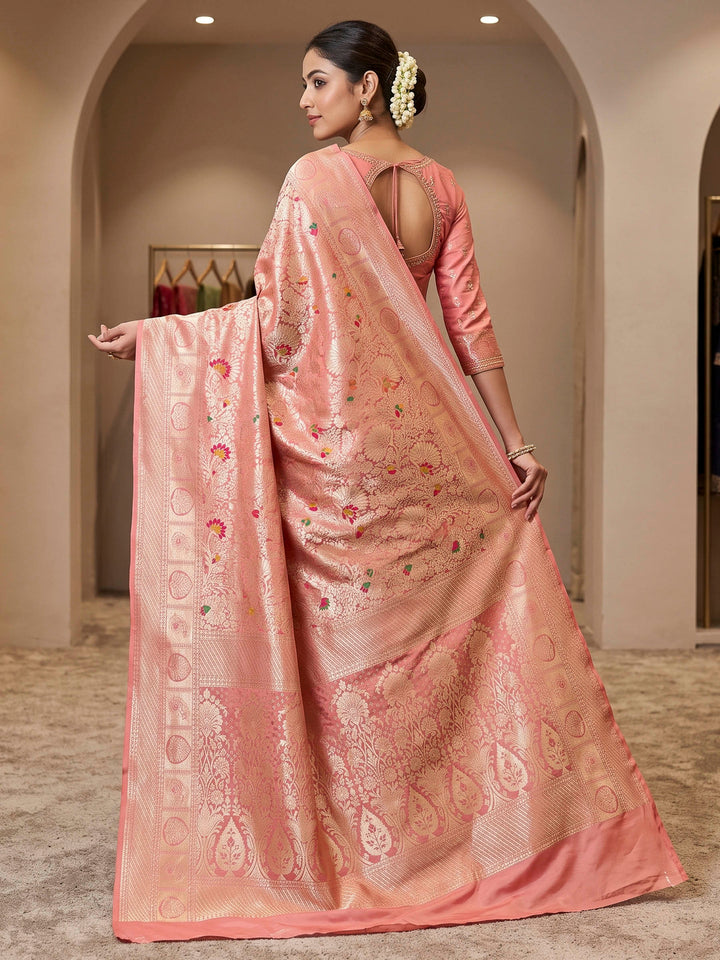 Peach Art Silk Woven Saree