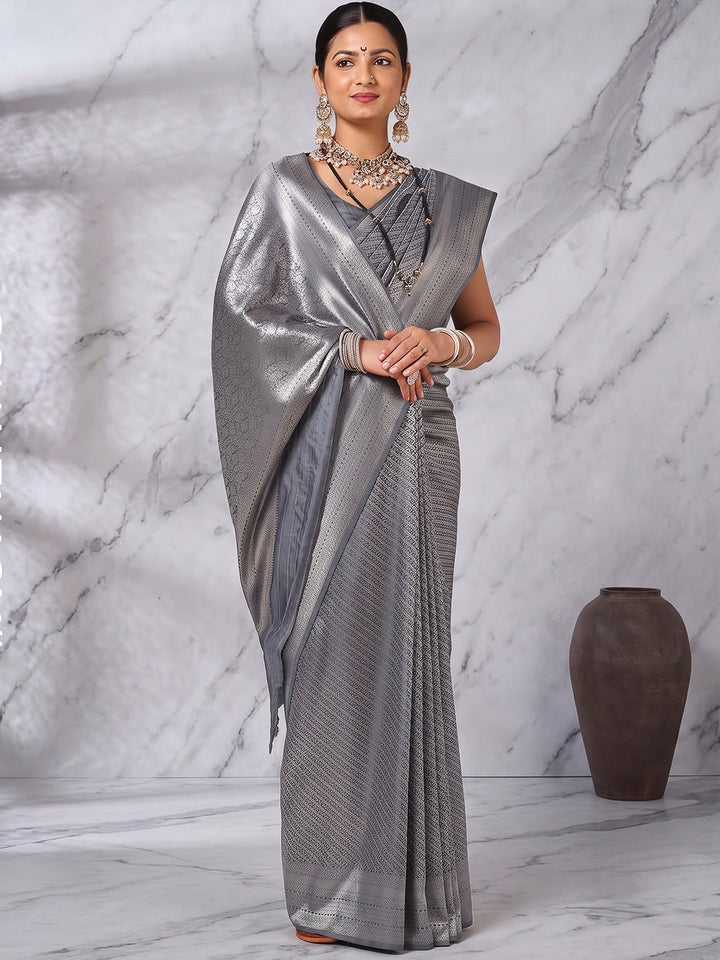 Grey Art Silk Woven Saree