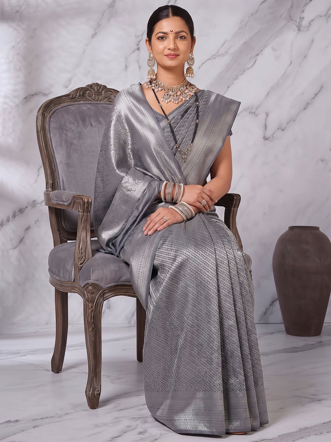 Grey Art Silk Woven Saree