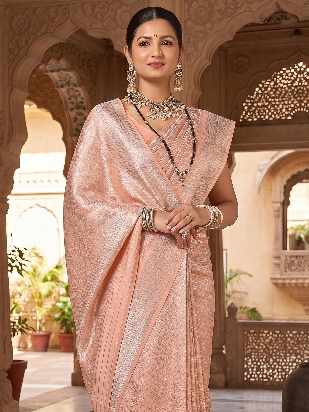 Peach Art Silk Woven Saree