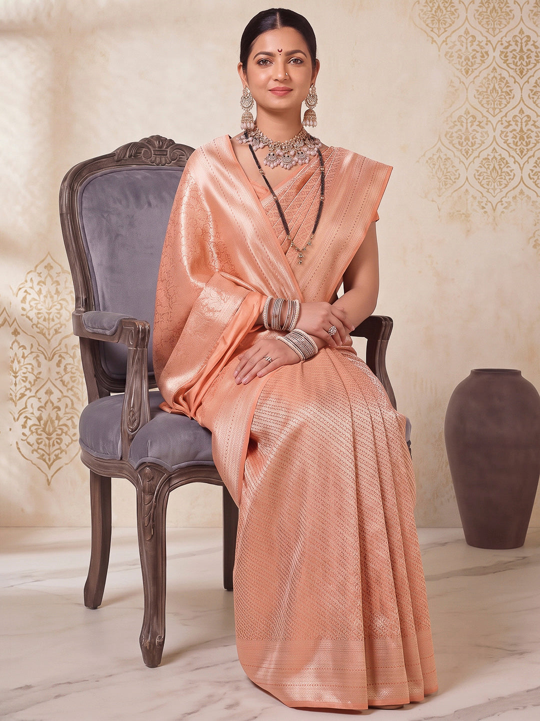 Peach Art Silk Woven Saree