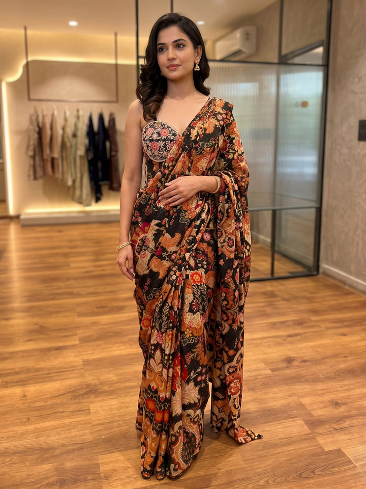Black Art Silk Readymade Printed Saree