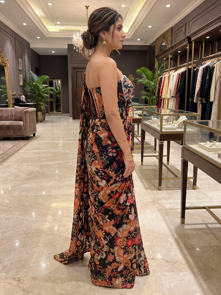 Black Art Silk Readymade Printed Saree