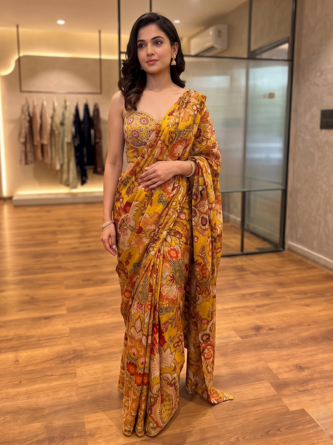 Mustard Art Silk Readymade Printed Saree