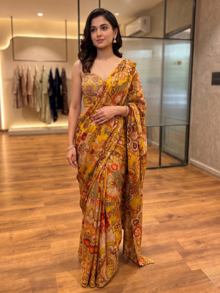 Mustard Art Silk Readymade Printed Saree