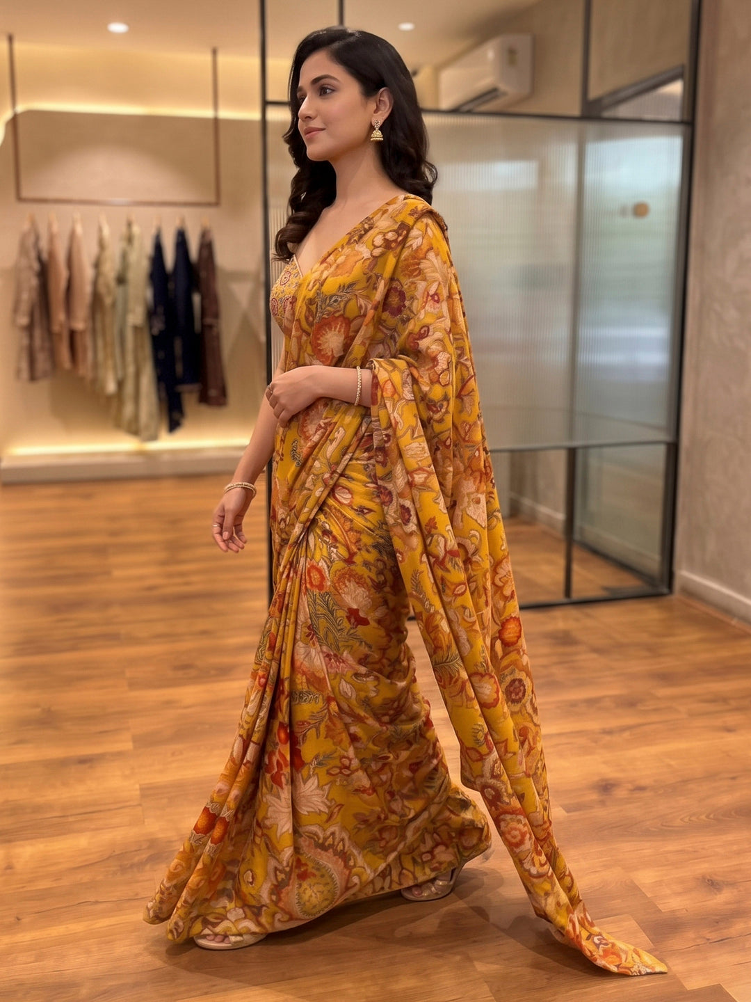 Mustard Art Silk Readymade Printed Saree