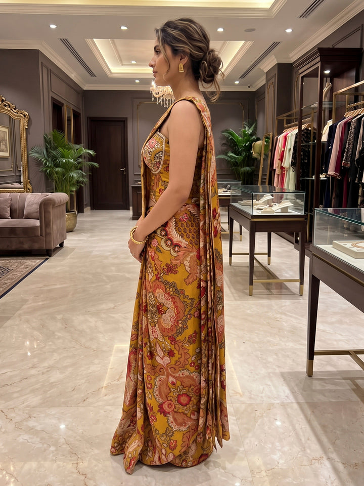 Mustard Art Silk Readymade Printed Saree