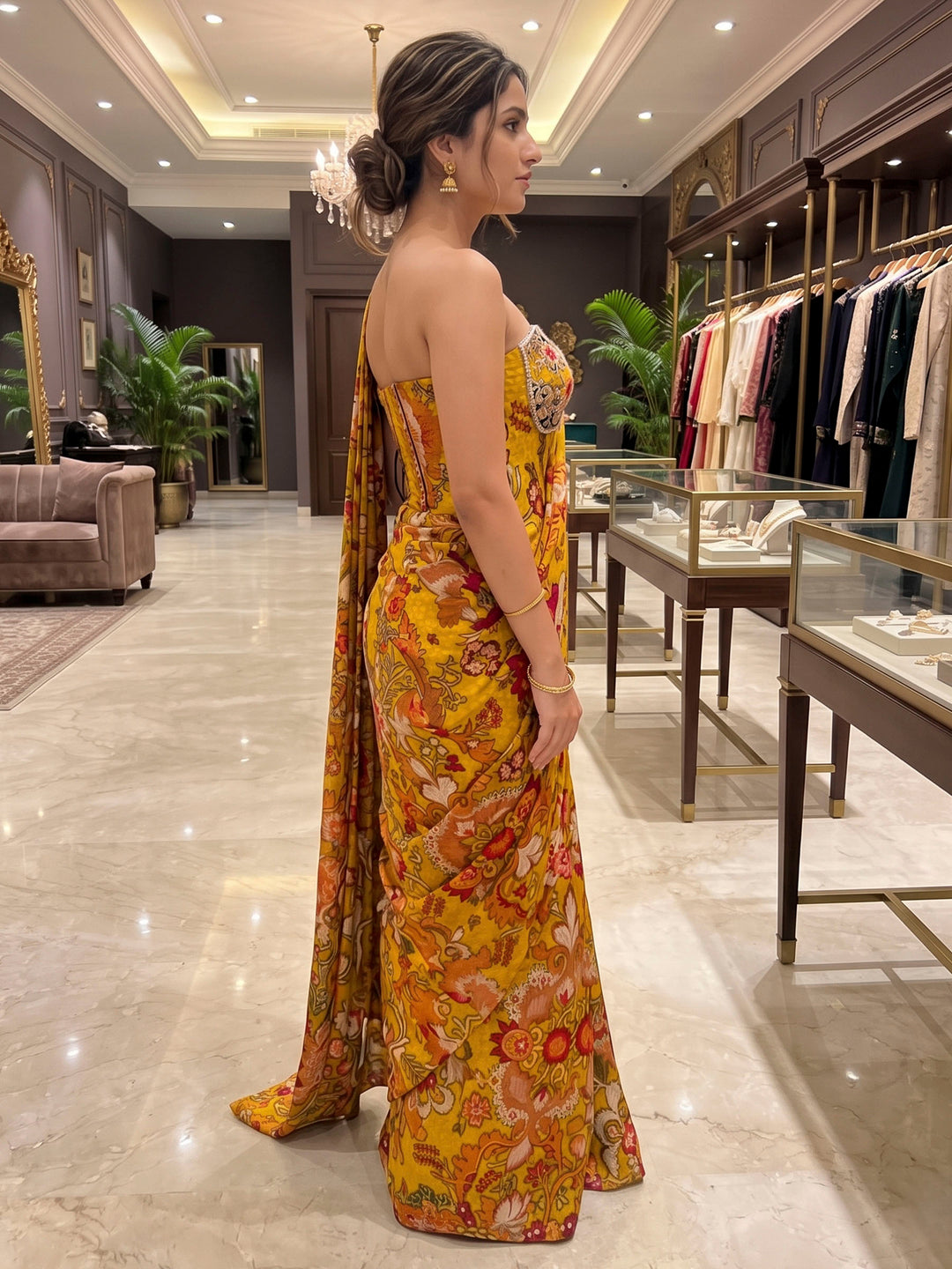 Mustard Art Silk Readymade Printed Saree