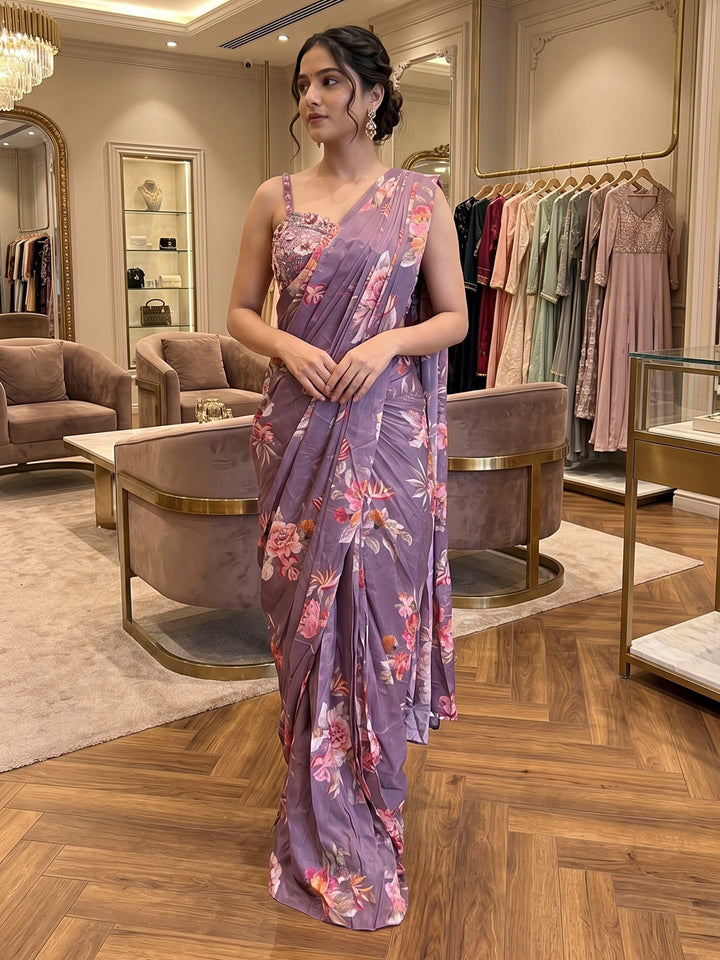 Lavender Art Silk Readymade Printed Saree