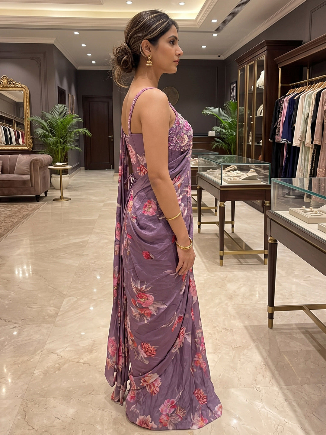 Lavender Art Silk Readymade Printed Saree