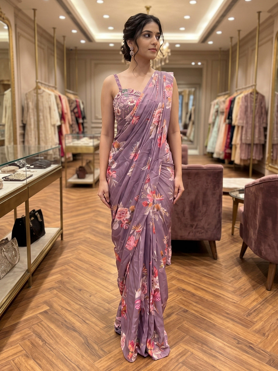 Lavender Art Silk Readymade Printed Saree