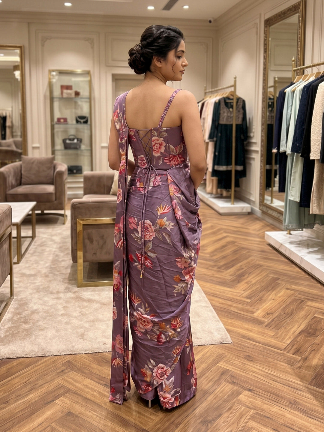 Lavender Art Silk Readymade Printed Saree