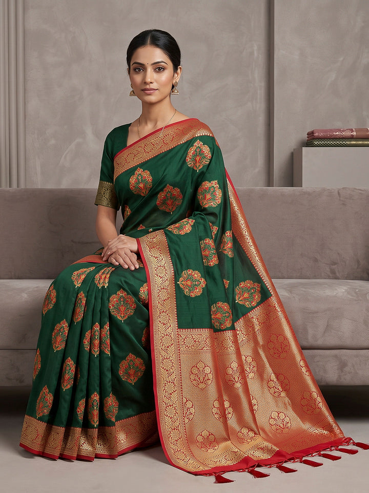 Bottle-Green Art Silk Woven Saree