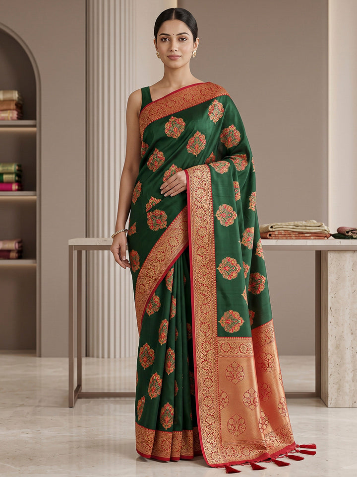 Bottle-Green Art Silk Woven Saree