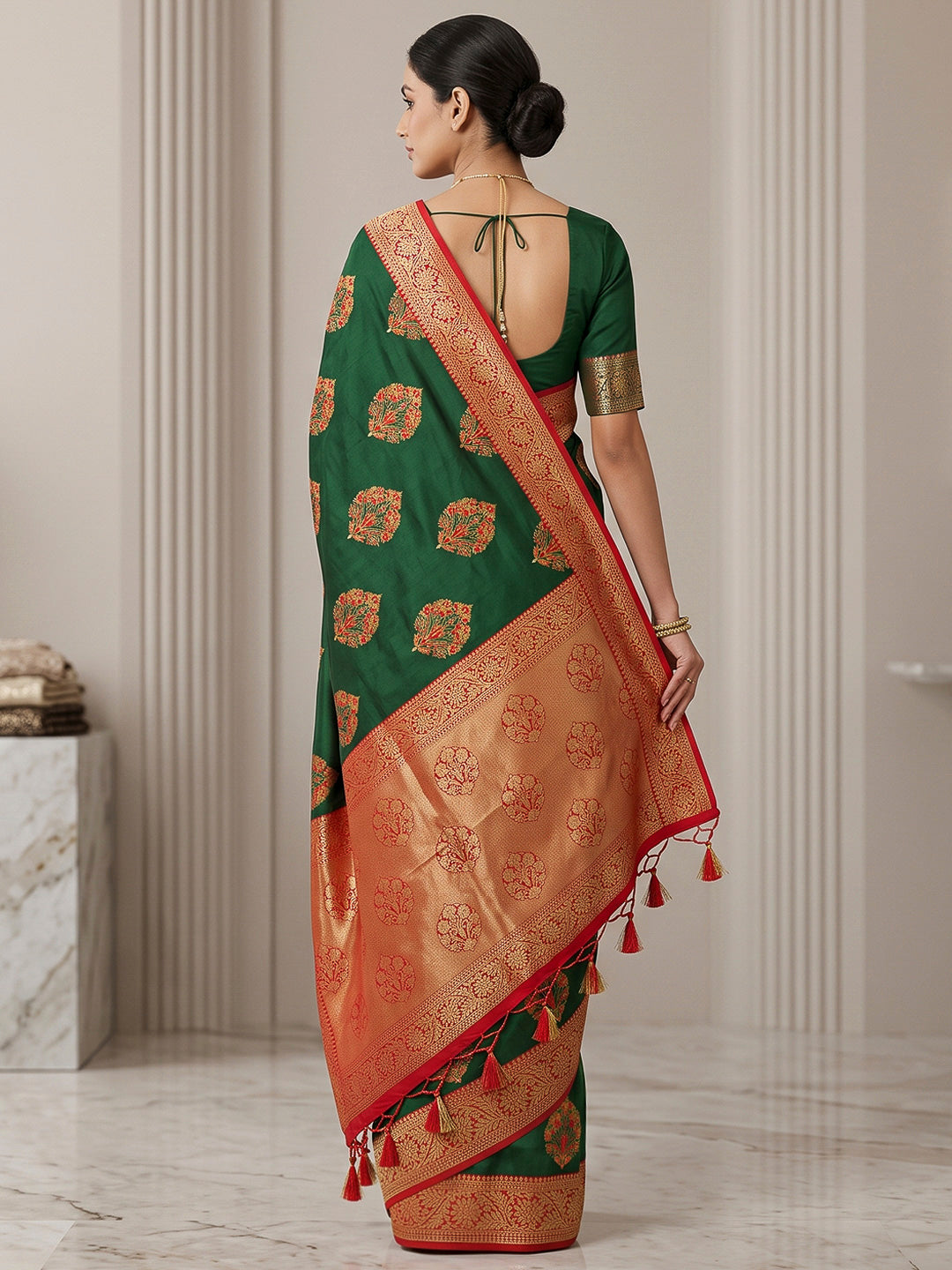 Bottle-Green Art Silk Woven Saree