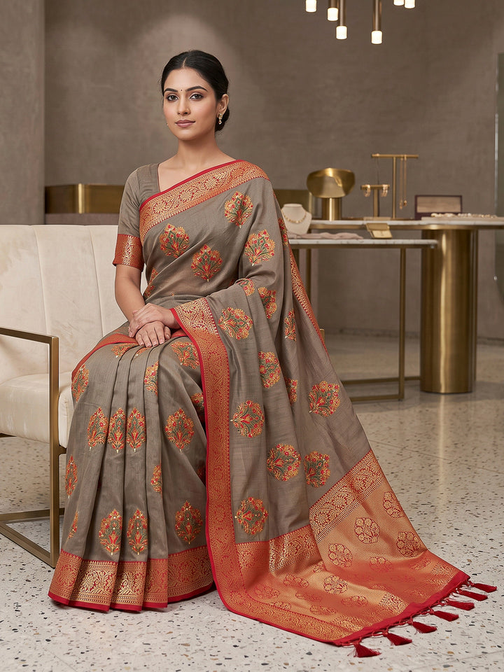 Dull-Grey Art Silk Woven Saree
