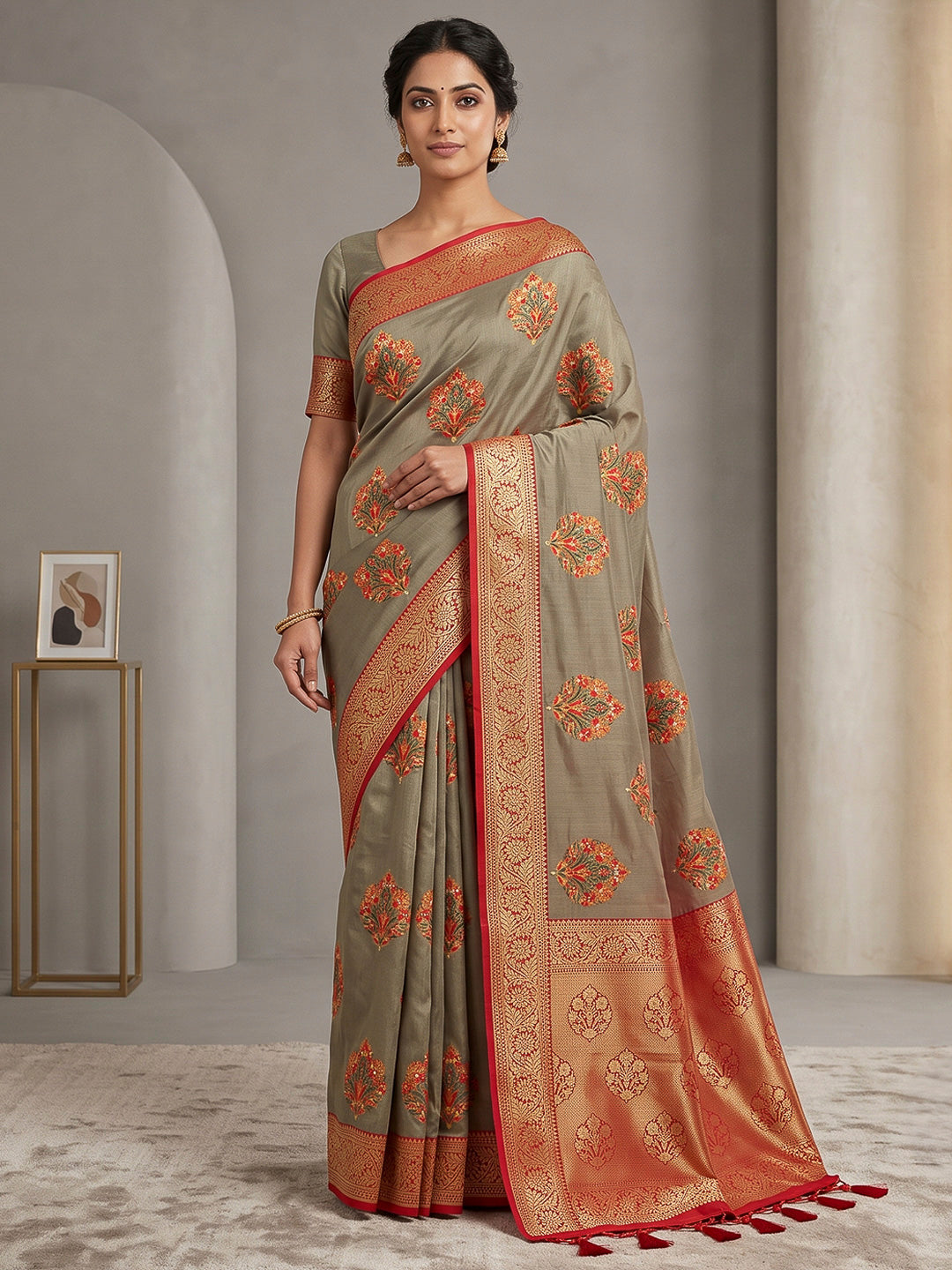 Dull-Grey Art Silk Woven Saree