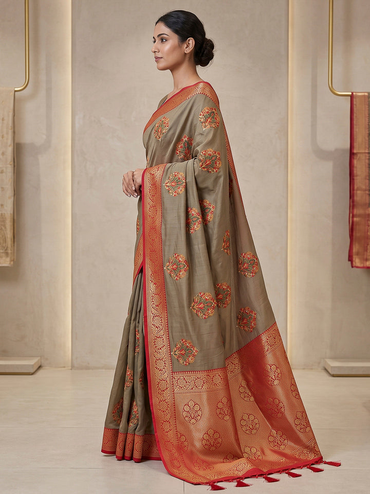 Dull-Grey Art Silk Woven Saree