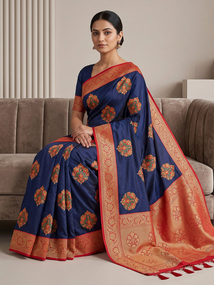 Navy Art Silk Woven Saree