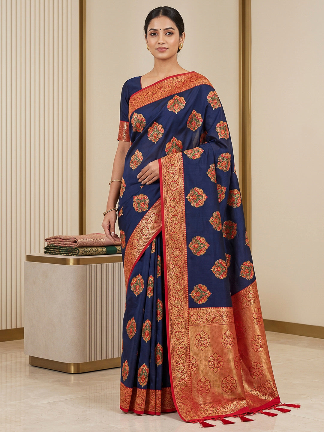 Navy Art Silk Woven Saree
