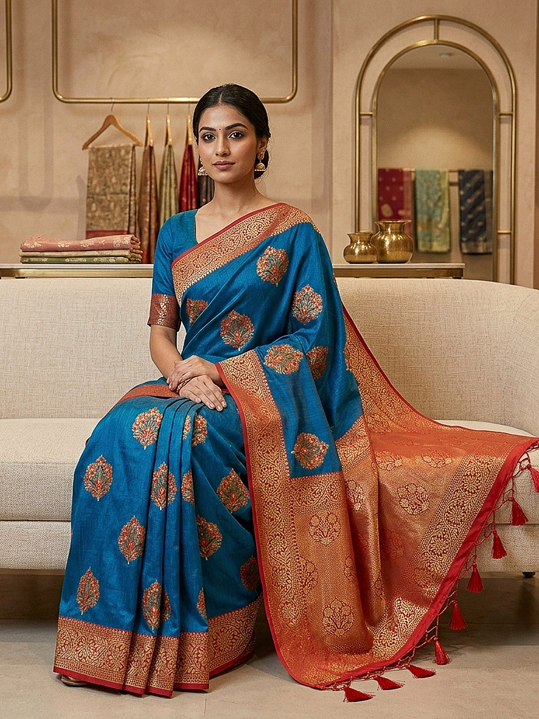 Peacock-Blue Art Silk Woven Saree