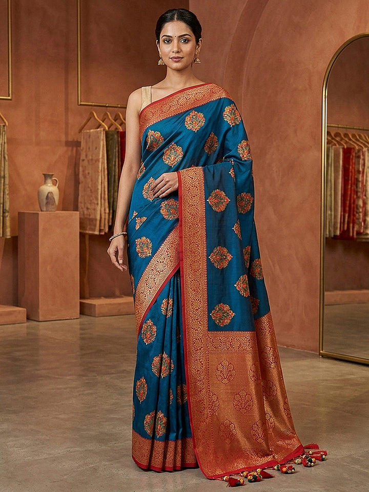 Peacock-Blue Art Silk Woven Saree