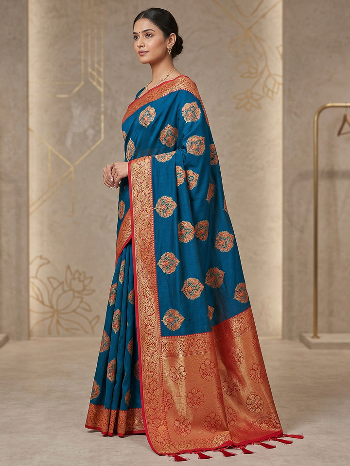 Peacock-Blue Art Silk Woven Saree