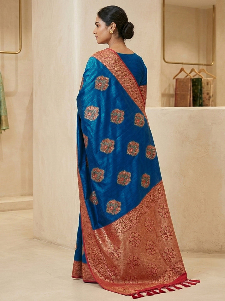 Peacock-Blue Art Silk Woven Saree