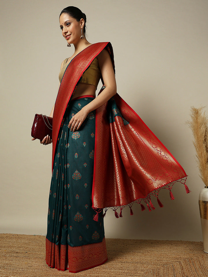 Peacock-Blue Art Silk Woven Saree