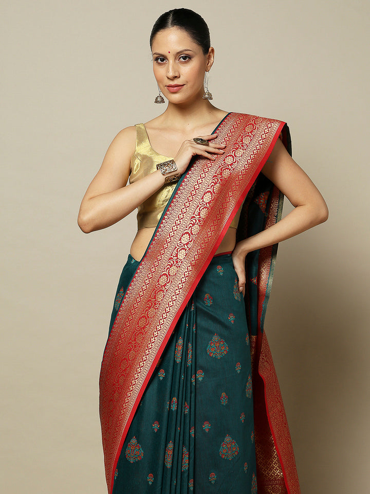 Peacock-Blue Art Silk Woven Saree