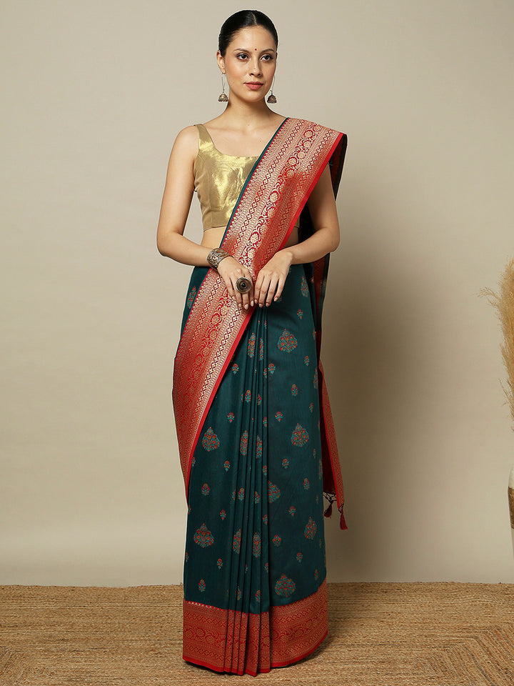 Peacock-Blue Art Silk Woven Saree