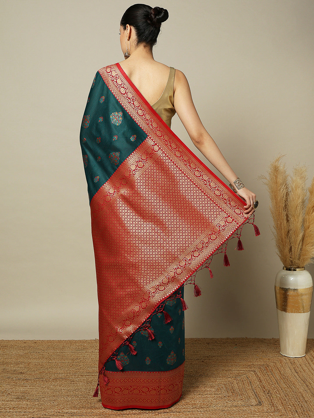 Peacock-Blue Art Silk Woven Saree