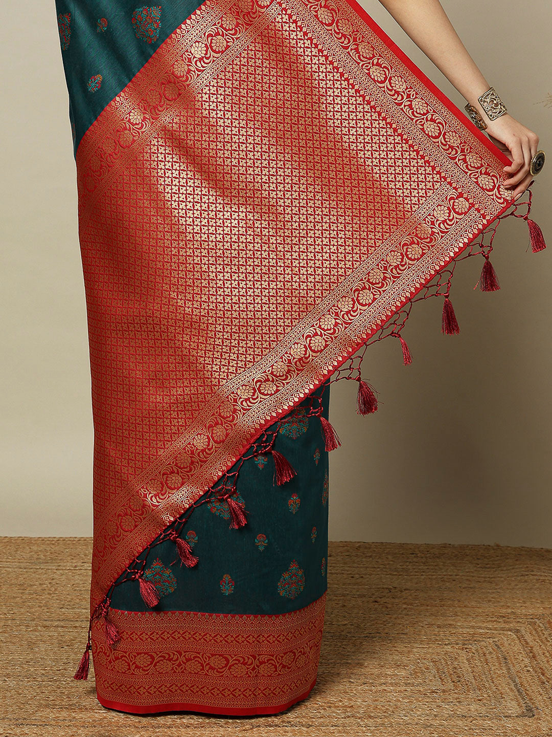 Peacock-Blue Art Silk Woven Saree
